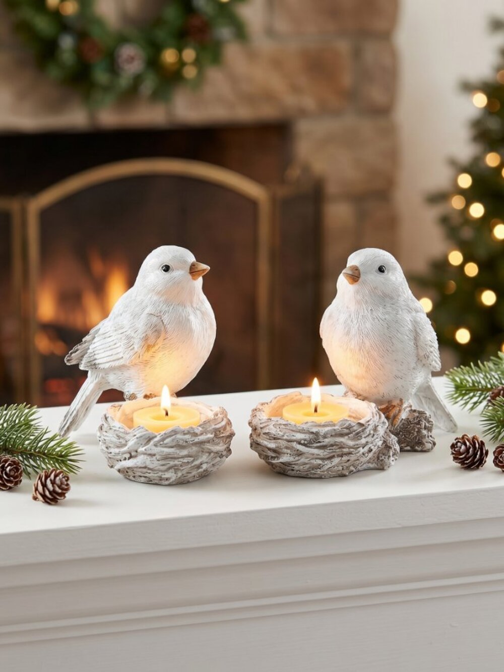 2 SnowBird Resin Tealight Holders w/Nests White Silver Glitter Shabby Chic NWOT